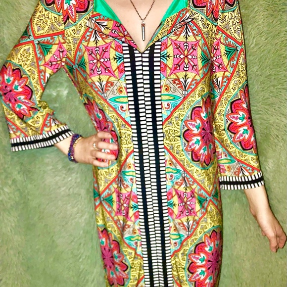 Laundry by Shelli Segal midi dress, Risque Multi, bell sleeves, mid-century, 10 - Picture 1 of 6